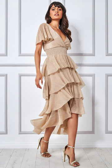 CRINKLE LUREX HIGH LOW LAYERED MIDI DRESS Goddiva